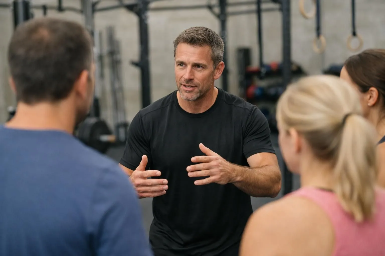 Small group of 4-6 adults aged 35-50 training in functional fitness gym in Crissier, coach in foreground demonstrating barbell movement with proper form, participants of varying fitness levels performing exercises with kettlebells and wall balls, professional CrossFit-style equipment visible, faces not identifiable, dynamic atmosphere with natural lighting