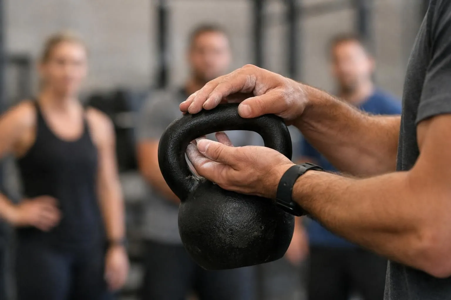 Small group functional training session with three to four adults aged 35-50 performing kettlebell exercises in a CrossFit-style gym, professional coach in motion demonstrating proper form, intimate warehouse-style space with exposed brick, specialized equipment including racks and wall balls visible in background, participants' faces turned away from camera or in shadow, dynamic lighting emphasizing movement and professional coaching relationship