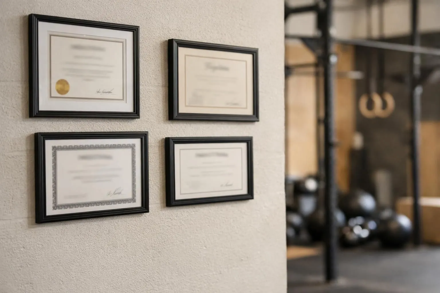 Professional fitness certifications and diplomas displayed on wall in functional training gym, close-up view of framed credentials and international certifications including strength and conditioning qualifications, warm natural lighting, blurred background showing gym equipment like kettlebells and pull-up bars