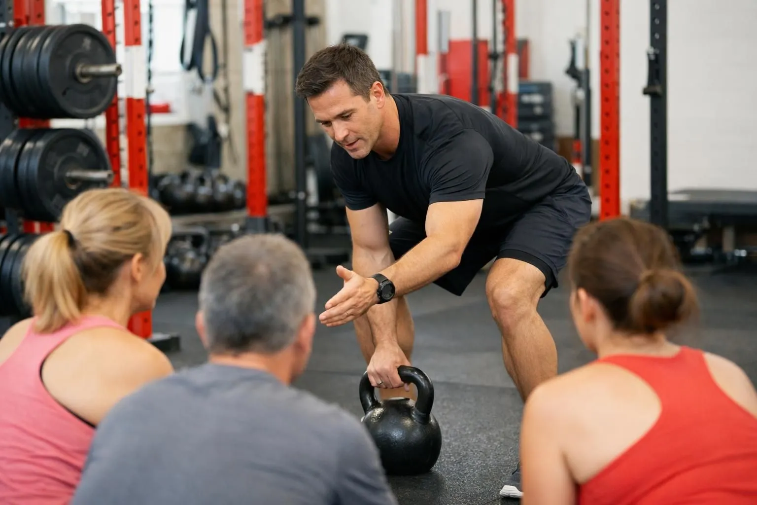 Experienced coach in his 40s demonstrating proper exercise form to small group of adults aged 35-50 in functional training studio with kettlebells, barbells and racks visible, professional dynamic atmosphere, faces not clearly identifiable, coach actively guiding movement