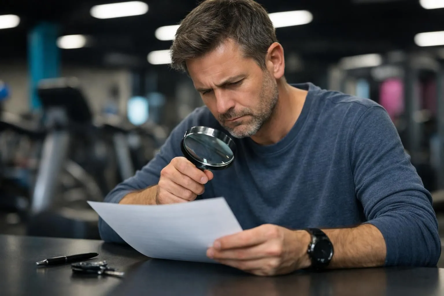 Business person examining gym membership contract with magnifying glass revealing fine print clauses, professional gym environment with equipment blurred in background, person wearing casual business attire, document visible but text unreadable, serious atmosphere suggesting careful scrutiny, realistic photography style