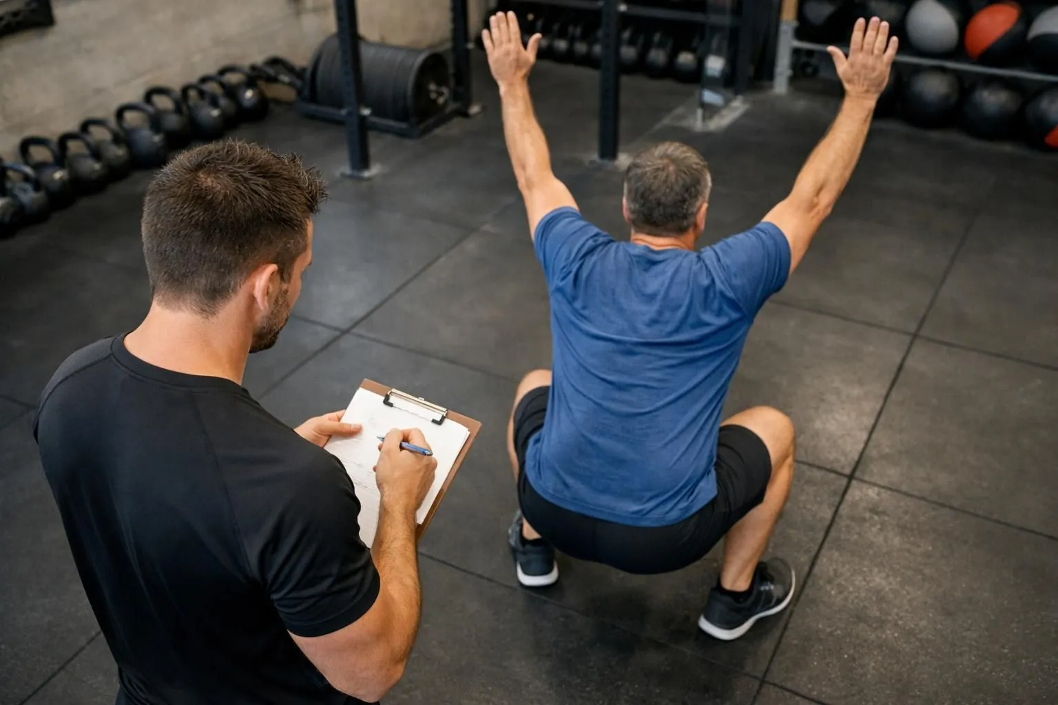 Professional fitness coach conducting initial physical assessment with adult client in functional training gym, equipped with kettlebells, barbells, and wall balls visible in background, coach holding clipboard while client performs movement screen, modern CrossFit-style facility with industrial lighting, both individuals facing away from camera showing interaction, professional and welcoming atmosphere, client aged 35-50 years