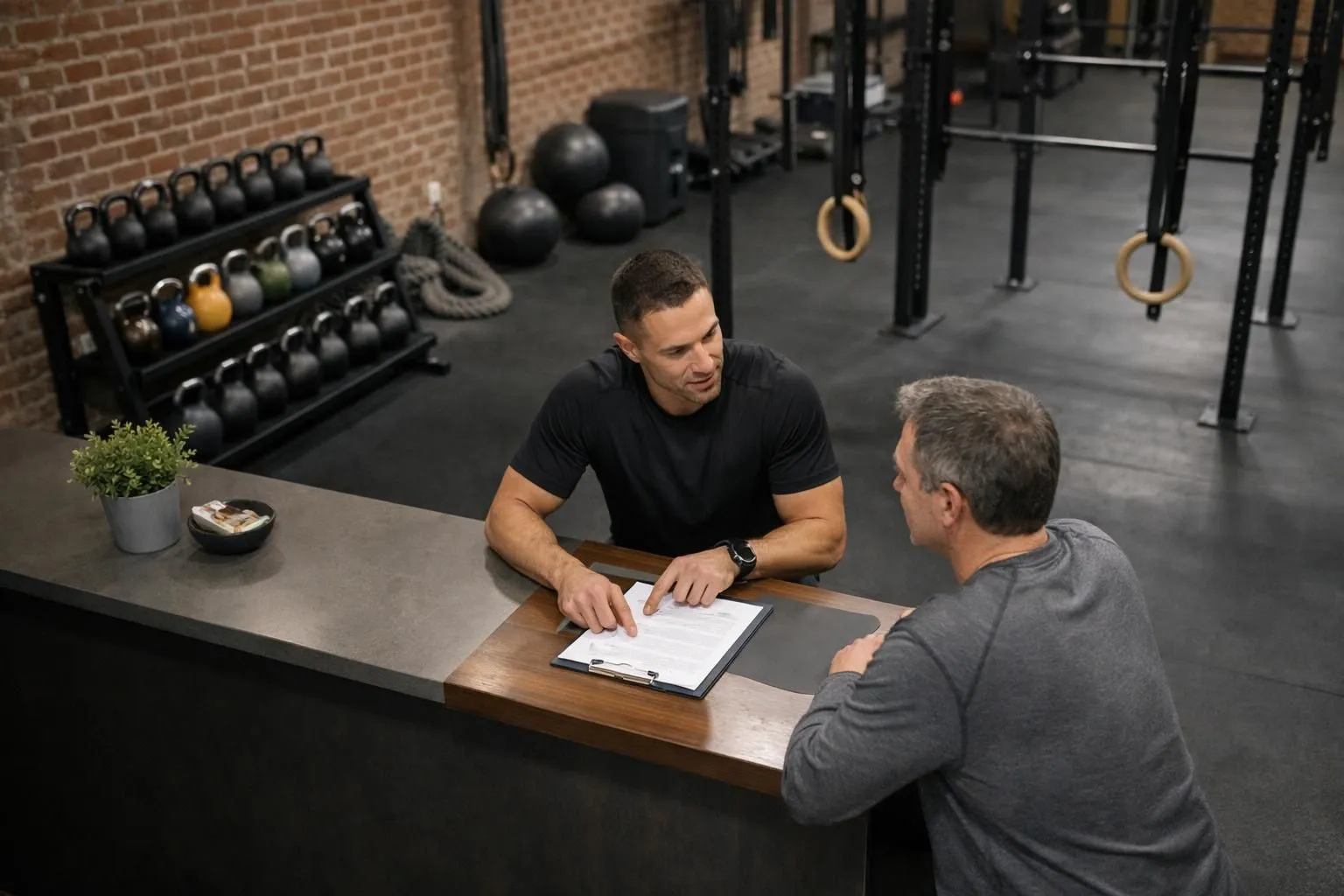 Interior view of a functional training studio with exposed brick walls and industrial lighting, showing a coach in dark athletic wear consulting with a new client at a modern reception desk, equipment visible in background including kettlebells and pull-up rig, warm professional atmosphere, people aged 35-50 years old, faces not clearly visible, no text or logos visible