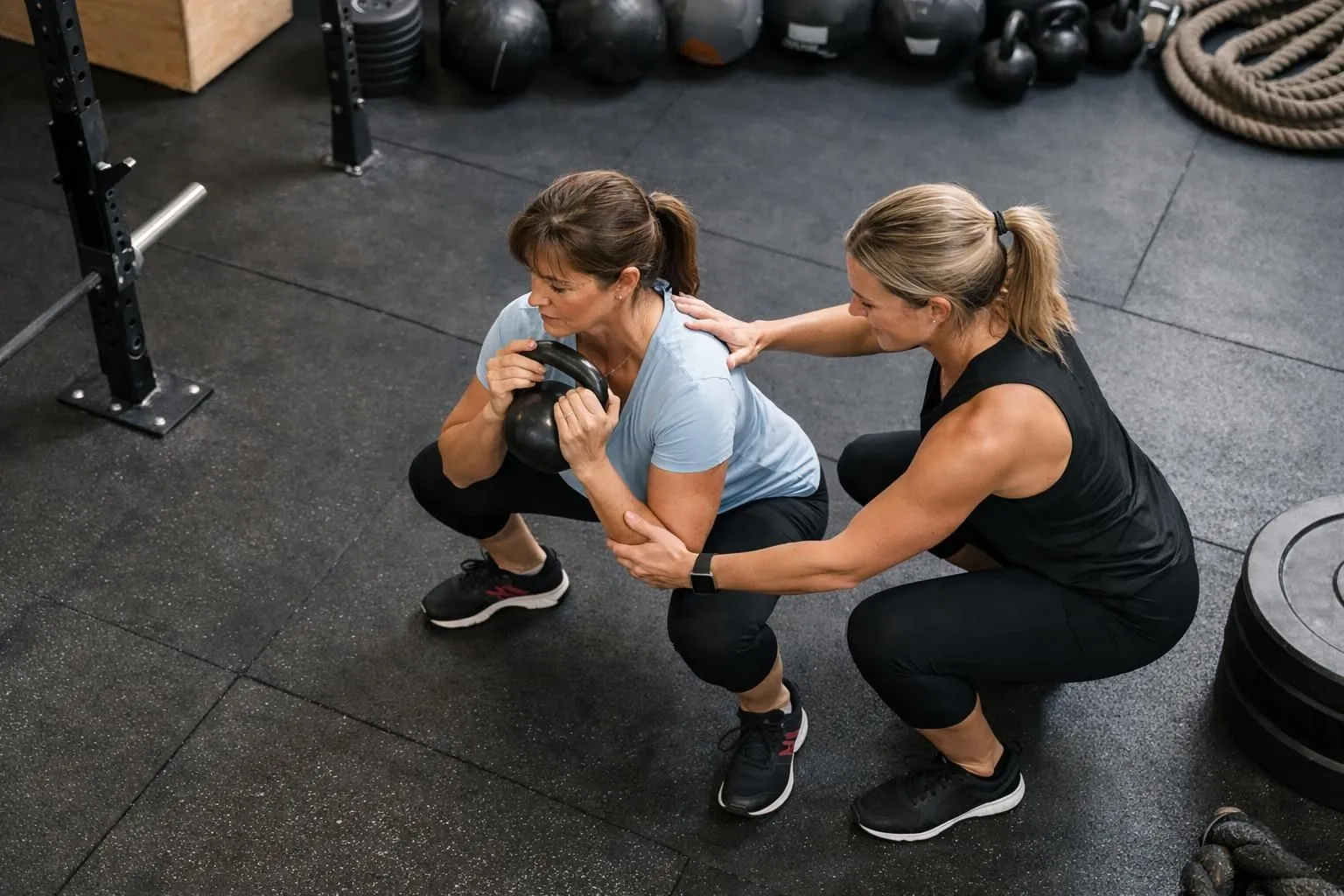 Female client in her 40s performing functional movement exercise with attentive coach providing hands-on technical correction in small CrossFit-style training studio, equipment visible in background including kettlebells and racks, coach's face not identifiable, professional intimate coaching atmosphere