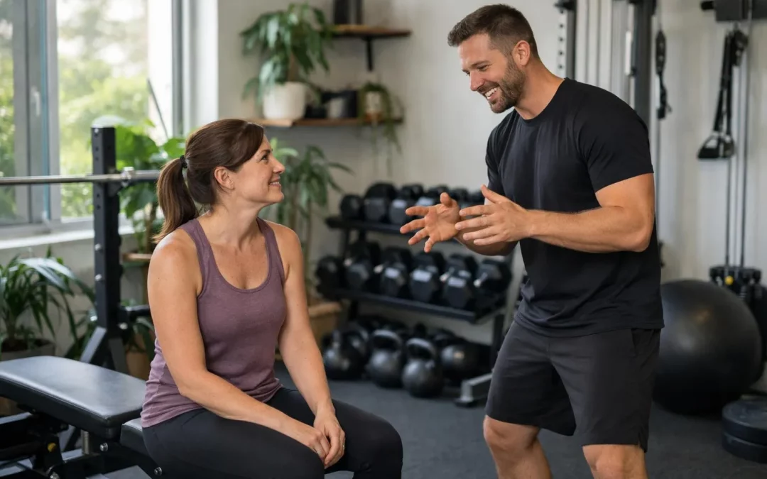 Femme en séance de coaching personnalisé dans un studio de fitness avec un entraîneur, alternative à BasicFit.