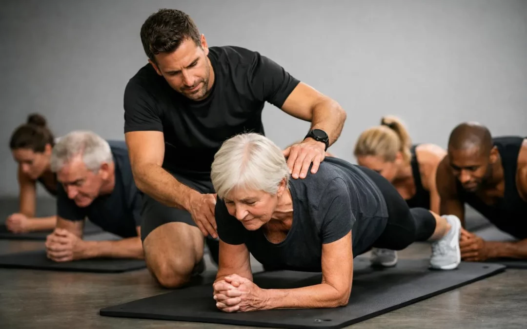 "Cours de gainage en groupe avec un entraîneur de fitness professionnel"
