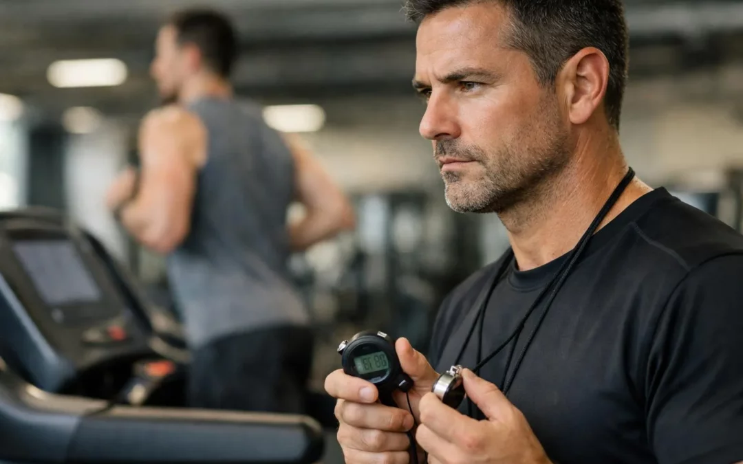 "Coach sportif salle de sport en action, surveillant un athlète lors d'un entraînement"