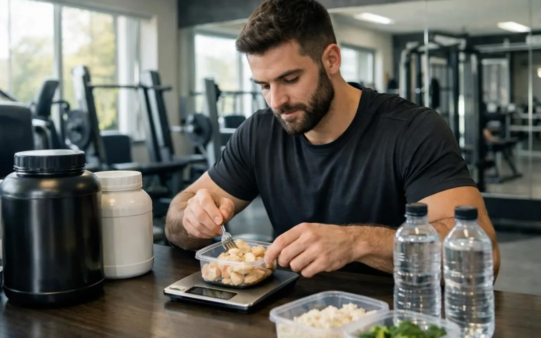 "Calcul calories musculation : homme préparant ses repas dans une salle de sport avec balance et aliments"