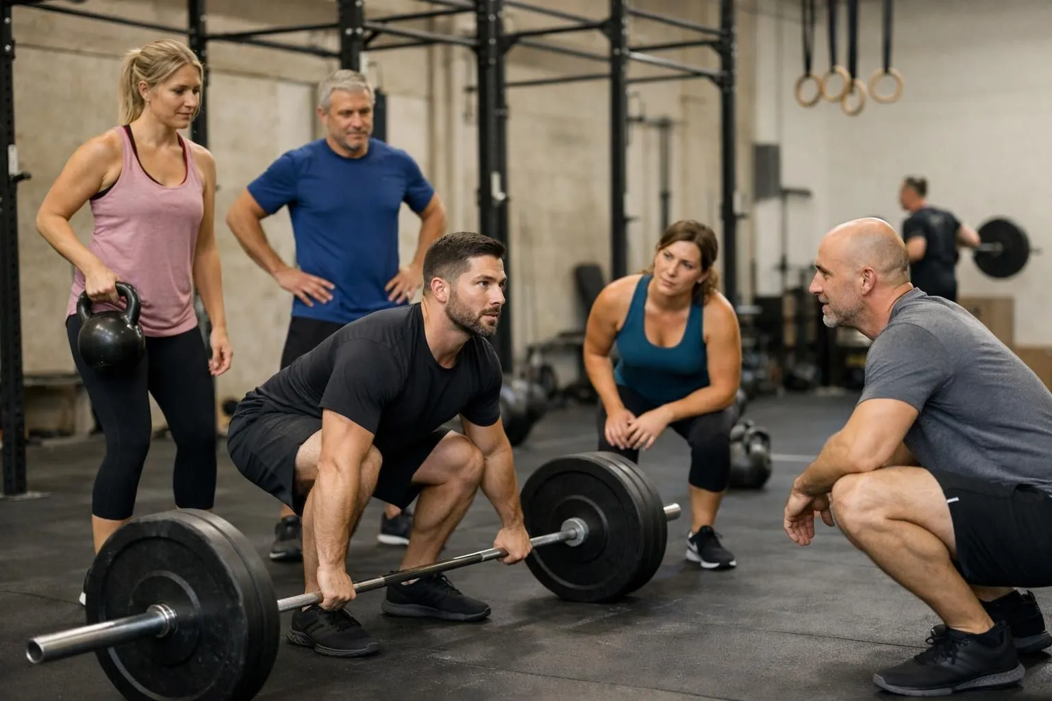 Small group functional training session in CrossFit-style gym with professional coach demonstrating proper form to adults aged 35-50, participants faces not visible, equipped with barbells kettlebells and racks, professional dynamic atmosphere