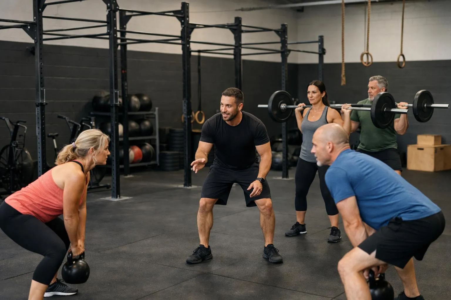 Interior of a functional training gym showing a coach guiding a small group of adults aged 35-50 through exercises with kettlebells and barbells, faces not clearly visible, professional CrossFit-style equipment visible in background, dynamic lighting, workout in progress