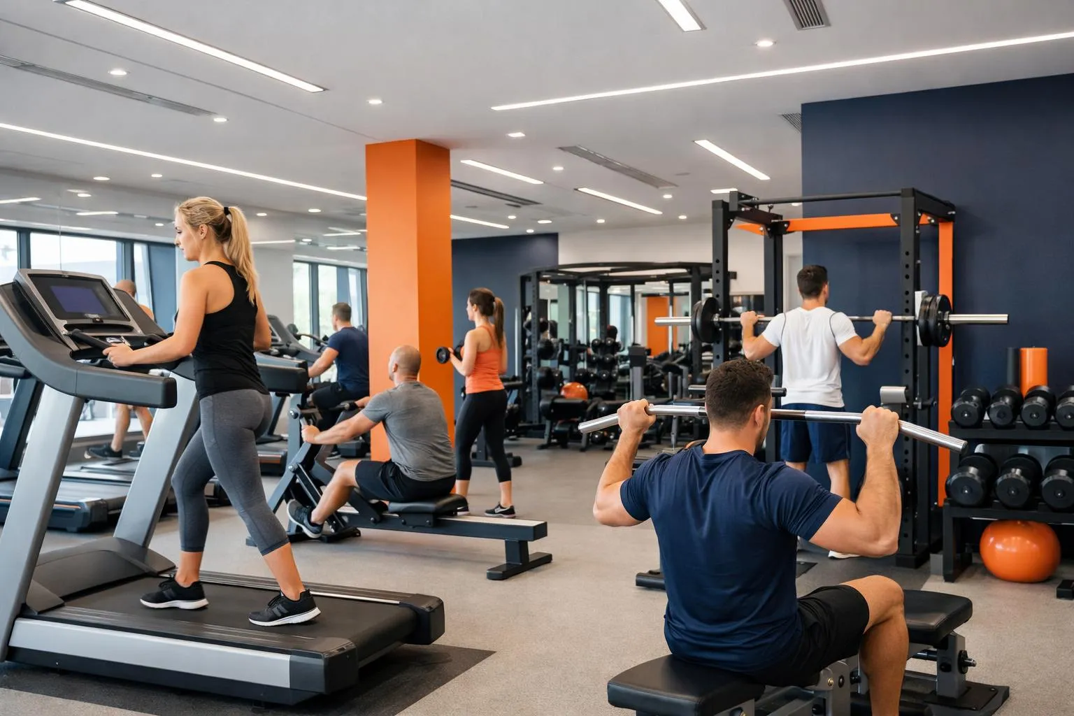 Modern fitness center interior with rows of cardio equipment and weight training zones, members aged 35-50 exercising independently in a bright spacious gym with no visible faces, professional lighting and clean minimalist design typical of Swiss fitness facilities
