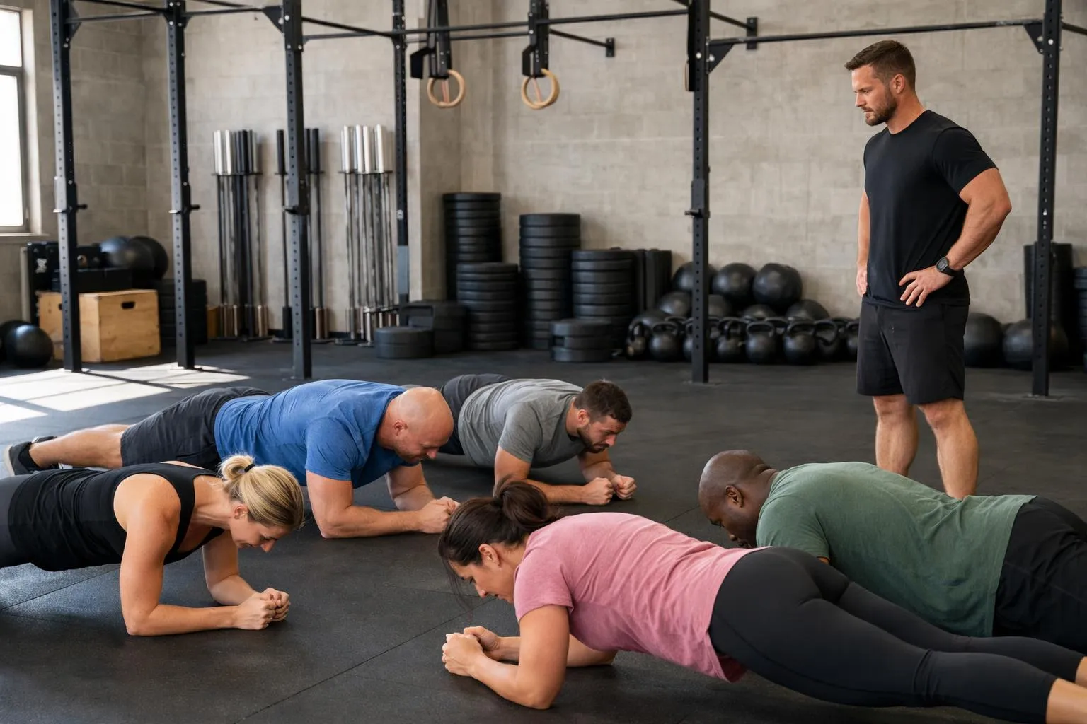 Groupe de quatre adultes entre 35 et 50 ans en pleine séance de gainage fonctionnel dans une salle d'entraînement type CrossFit, accompagnés d'un coach professionnel en mouvement qui observe les positions, équipement visible avec kettlebells et barres au sol, ambiance dynamique et professionnelle, visages flous ou de profil pour rester anonymes, éclairage naturel et lumineux