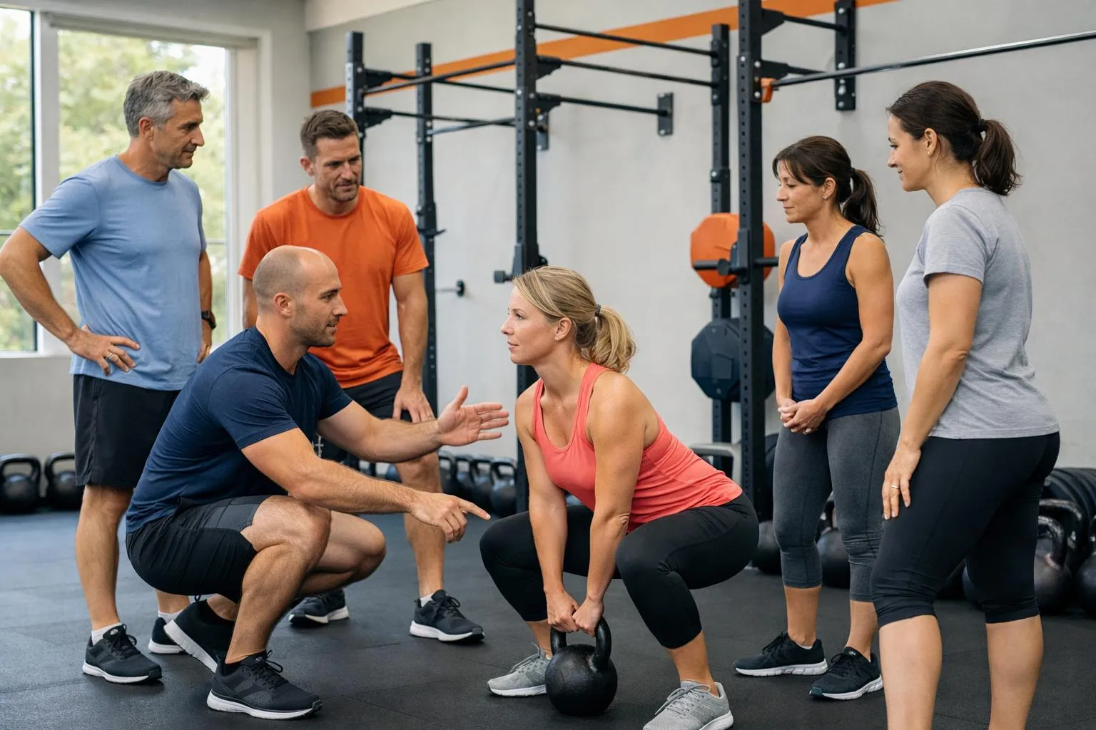 Groupe de personnes en tenue de sport dans une salle de gym.