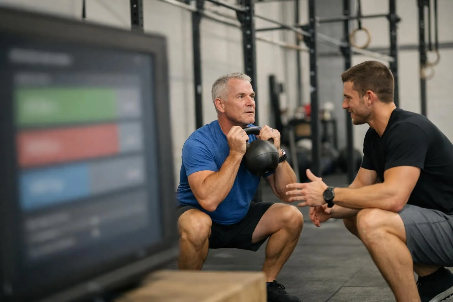 Deux hommes dans un gymnase, l'un effectuant un exercice avec un poids, l'autre l'encourageant.