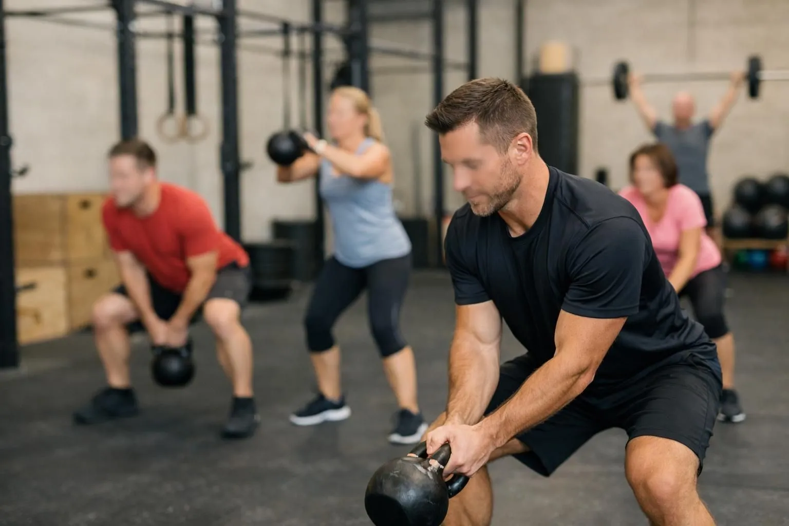 Small training group of 4-5 people aged 35-50 performing functional movements in a CrossFit-style gym with kettlebells and barbells, professional coach demonstrating technique in foreground with clients following, faces blurred or turned away from camera, industrial fitness space with concrete walls and functional training equipment visible
