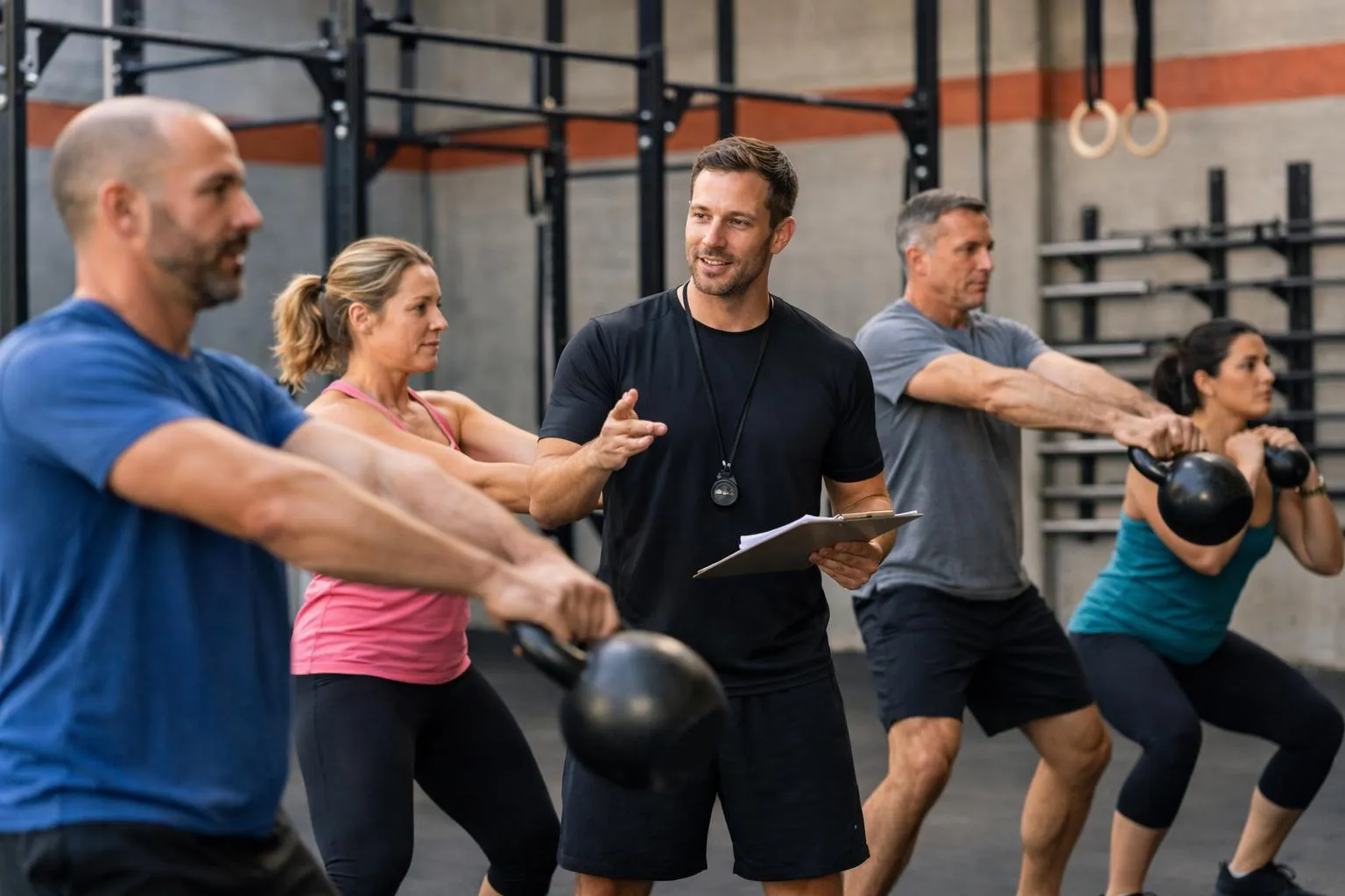 Personal trainer supervising small group of 4-5 adults aged 35-50 during functional training session in CrossFit-style gym with kettlebells, barbells and racks visible, professional coaching environment, faces not identifiable, dynamic workout atmosphere