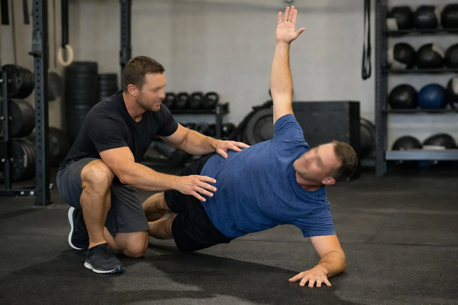 Salle d'entraînement type CrossFit à Renens avec participants âgés de 35-50 ans exécutant un exercice de gainage fonctionnel en position de planche avec rotation, coach debout corrigeant la posture d'un participant, équipement fonctionnel visible en arrière-plan (barres, kettlebells, racks), visages flous ou non identifiables, éclairage professionnel, ambiance dynamique et encadrée