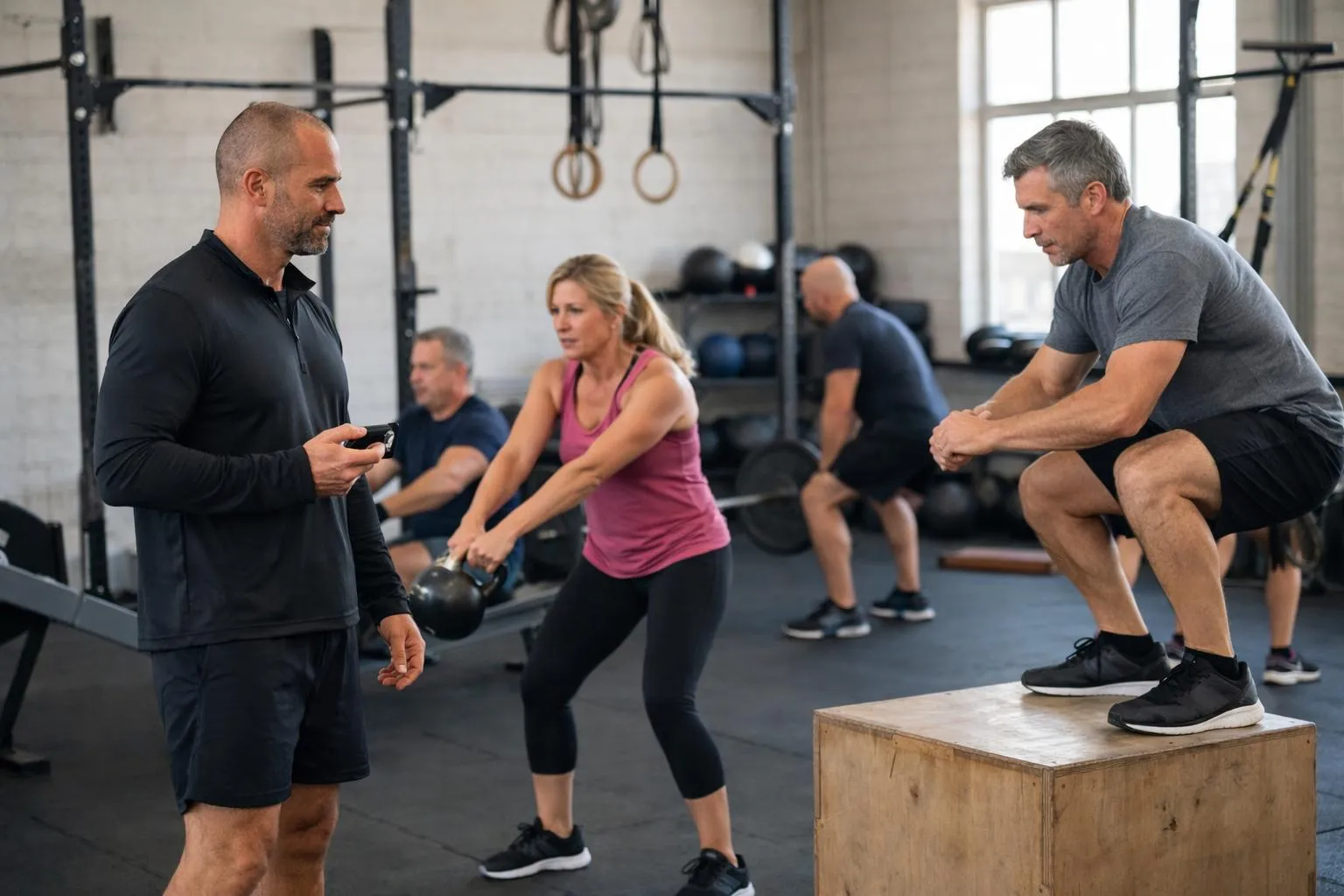 Groupe d'adultes s'entraînant dans une salle de gym équipée.