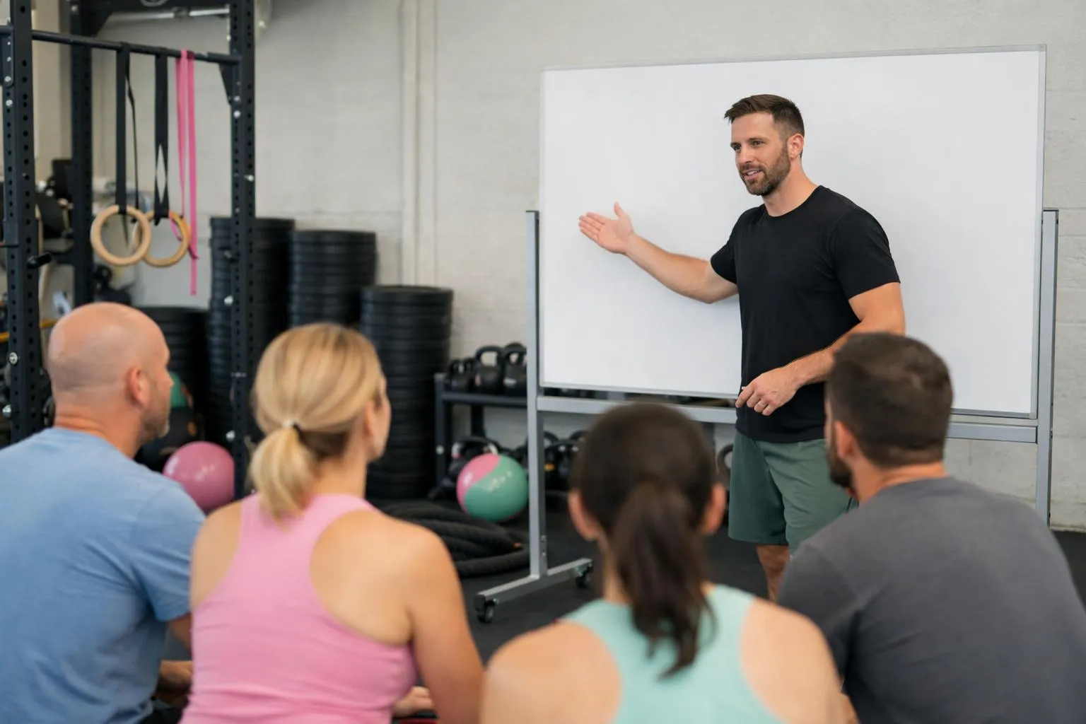 Groupe d'adultes écoutant attentivement un instructeur dans une salle de gym.