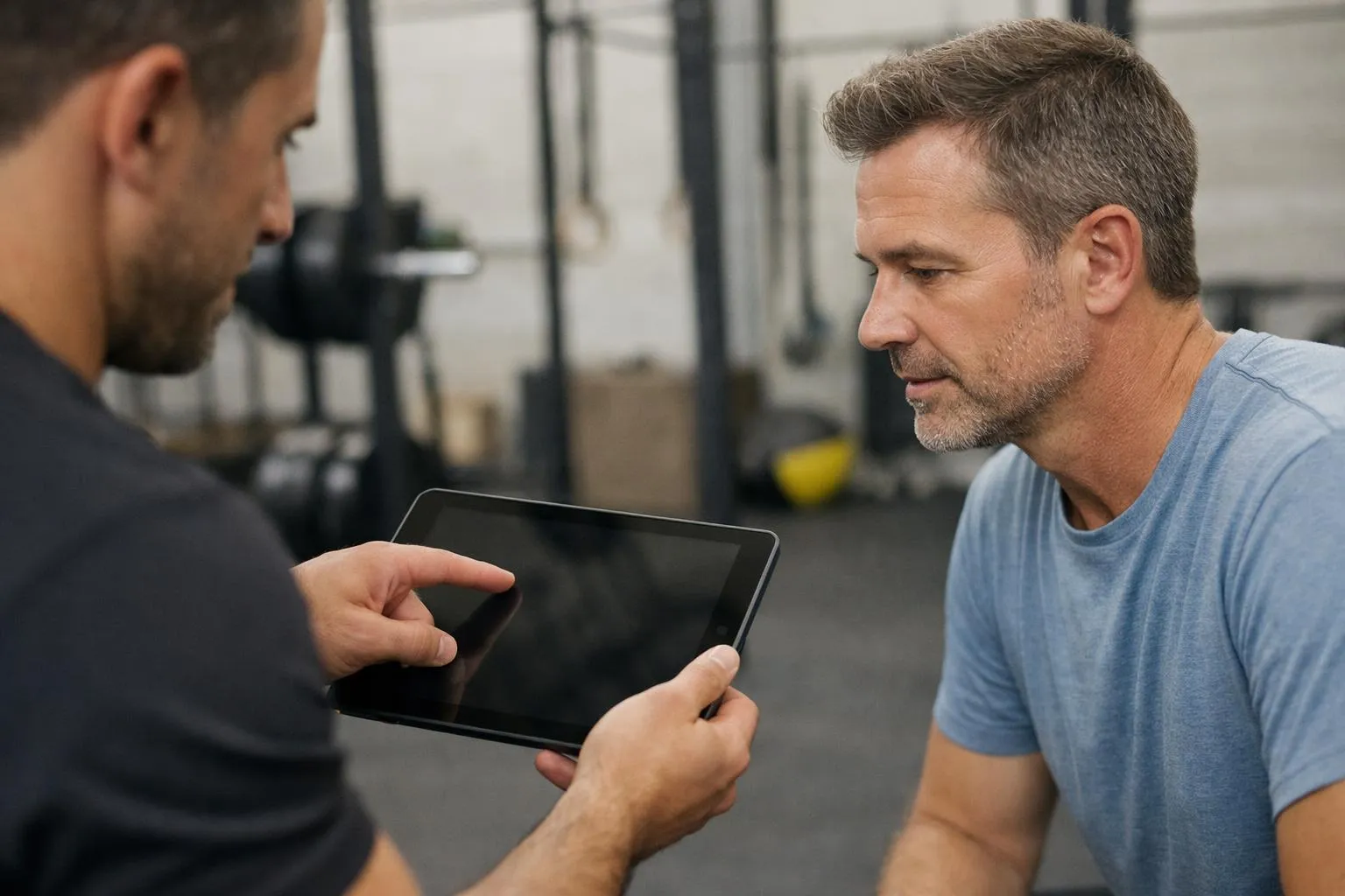 Deux hommes discutent sérieusement tout en examinant une tablette numérique.
