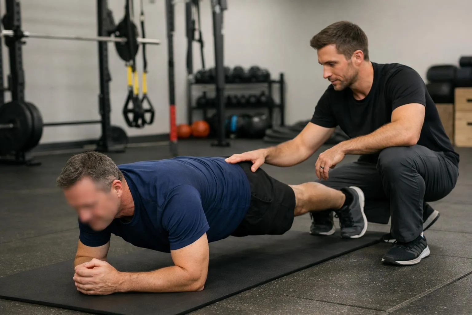 Deux hommes effectuant un exercice de musculation au gymnase.