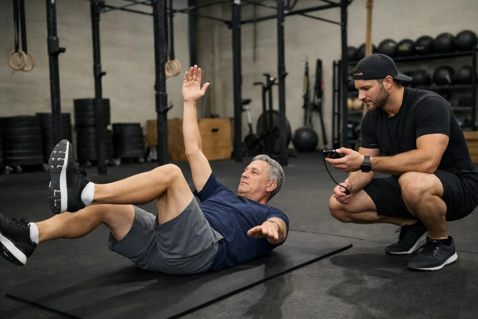 Homme âgé s'entraînant avec un entraîneur personnel dans une salle de gym.