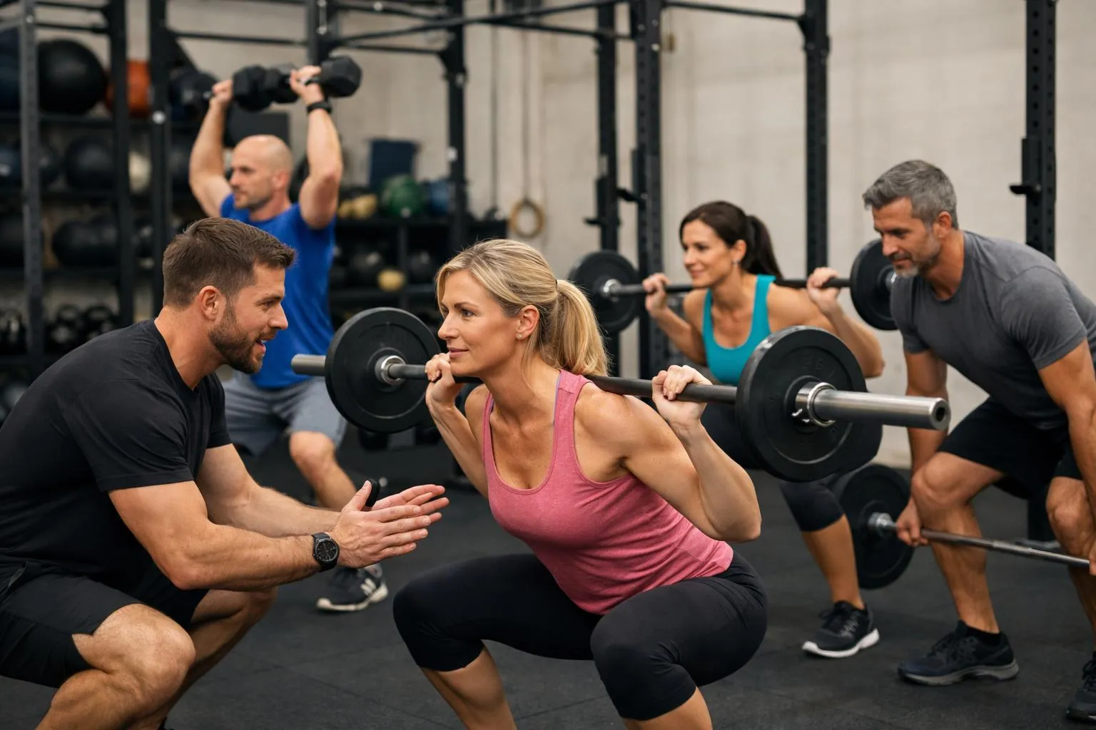 Small group of adults aged 35-50 training with kettlebells and barbells in a modern functional fitness studio in Lausanne, with a coach demonstrating proper form and providing individualized guidance. No faces clearly visible, focus on coaching interaction and professional equipment setup including racks, wall balls, and functional training gear. Professional lighting and dynamic atmosphere.