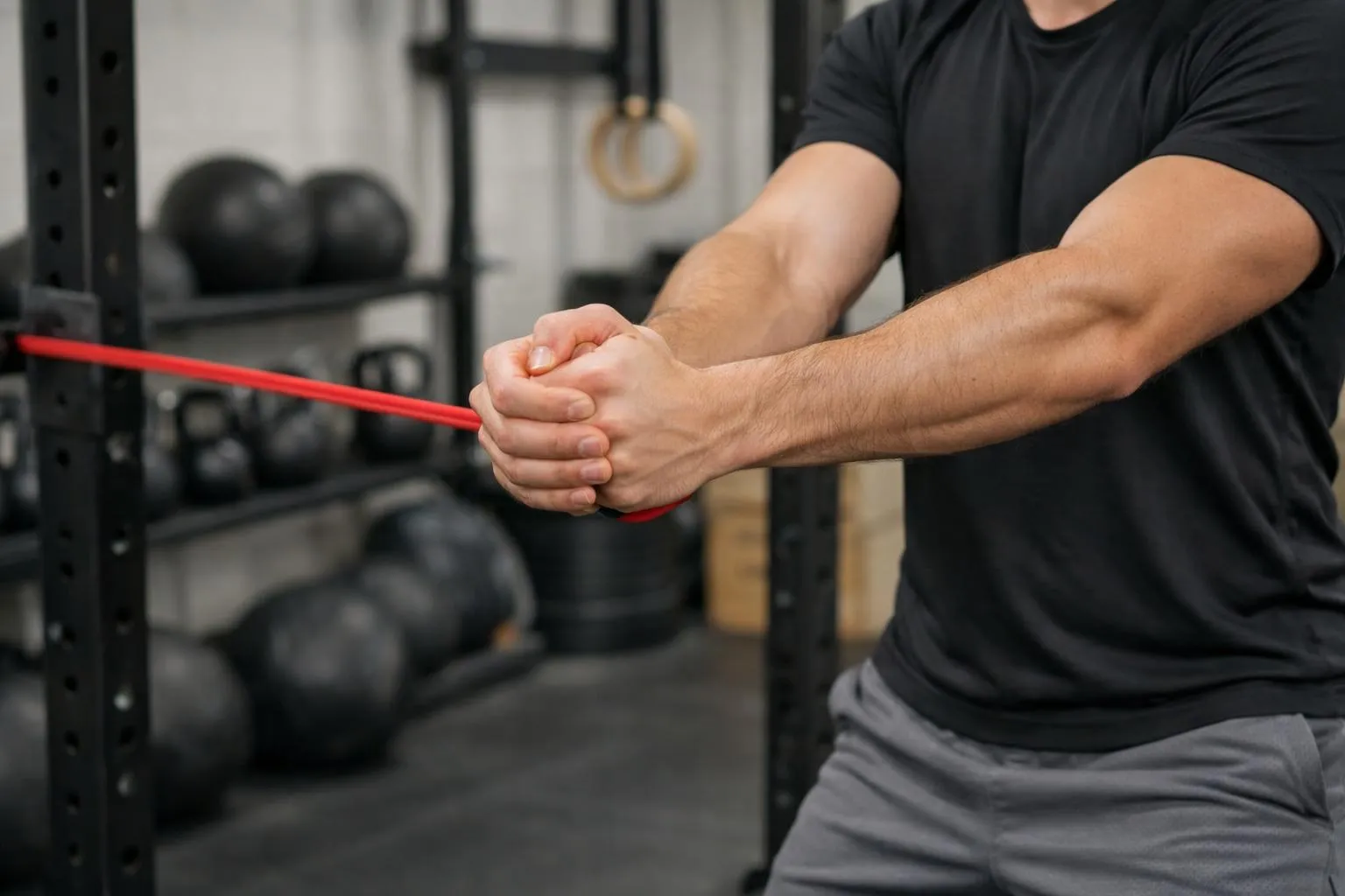 Homme musclé s'entraînant avec une bande de résistance dans une salle de gym.