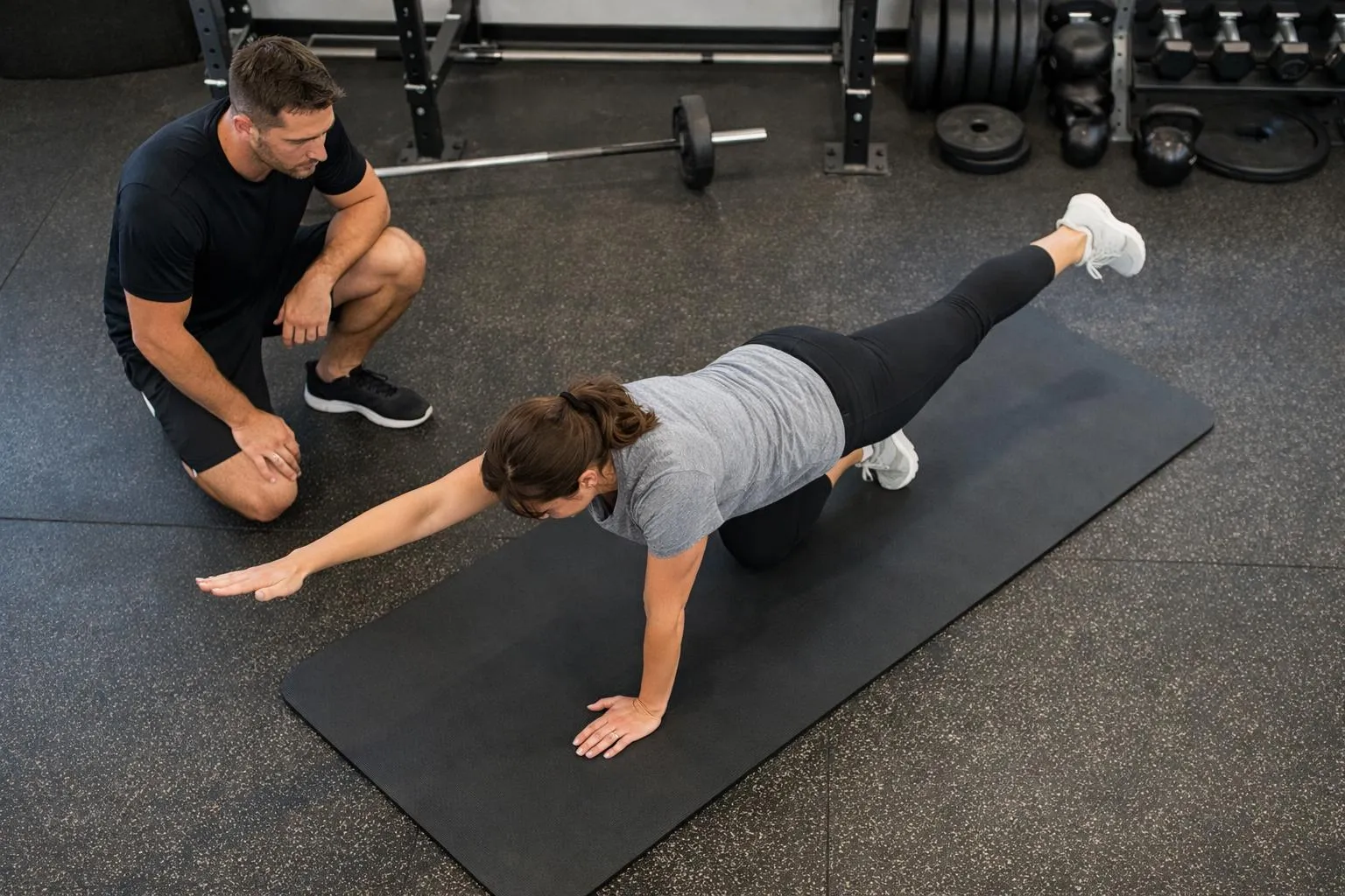 Homme aidant une femme à s'étirer dans un gymnase.