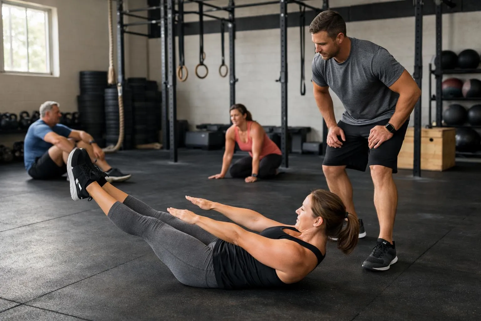 Trois personnes s'entraînent dans une salle de gym équipée.