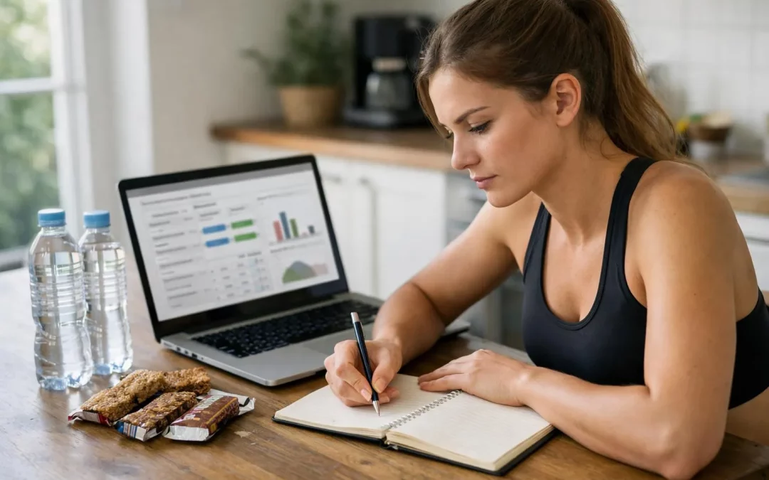 Femme athlétique utilisant un calculateur d'apport nutritionnel sportif sur son ordinateur portable dans une cuisine. Let me