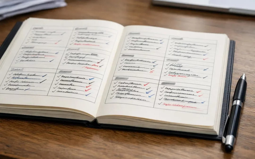 Plan sur 12 semaines pour réussir, calendrier de planification rapproché avec écritures manuscrites et annotations.