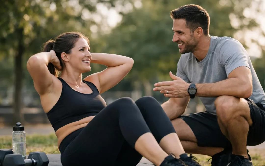 Coach sportif aidant un client à améliorer sa technique de sport en plein air
