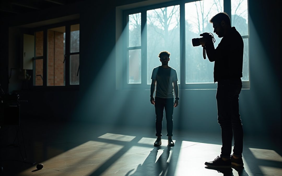 Photographe professionnelle en studio avec modèle, ajustant l'éclairage pour une photo parfaite