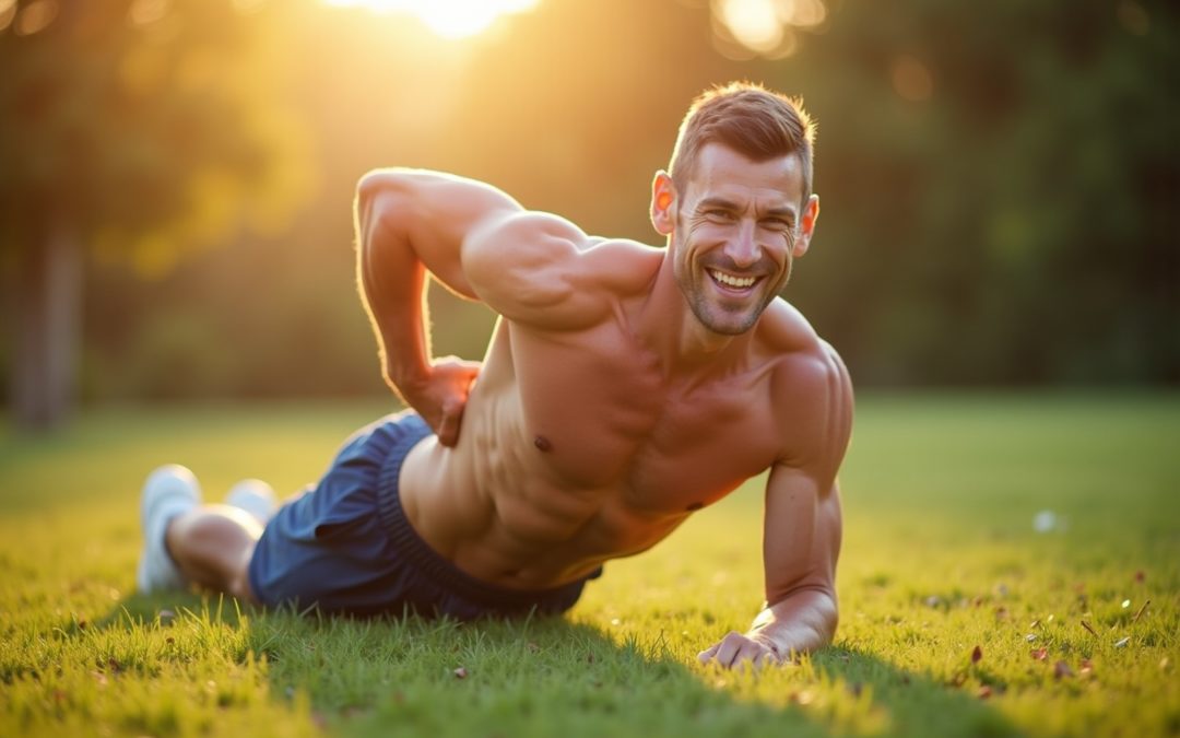 Homme musclé faisant des exercices abdominaux en plein air pour avoir les abdos visibles.