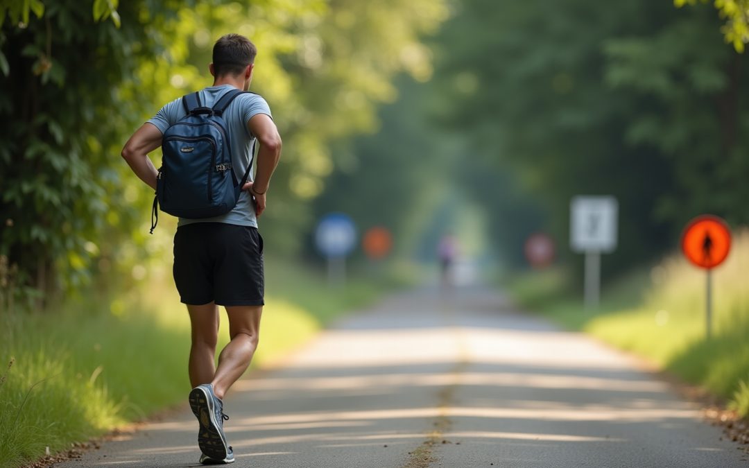 Coureur à pied s'étirant avant course sur chemin de terre avec équipement adapté