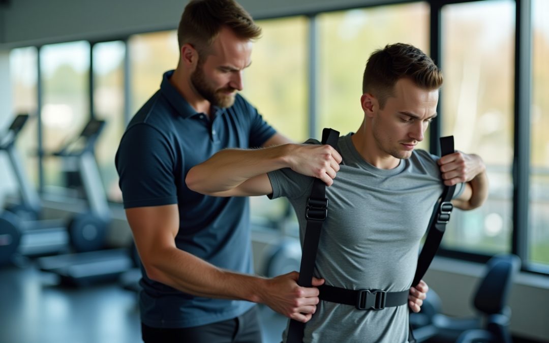 Rééducation sportive post-blessure à Lausanne, physiothérapeute aidant un athlète à récupérer.