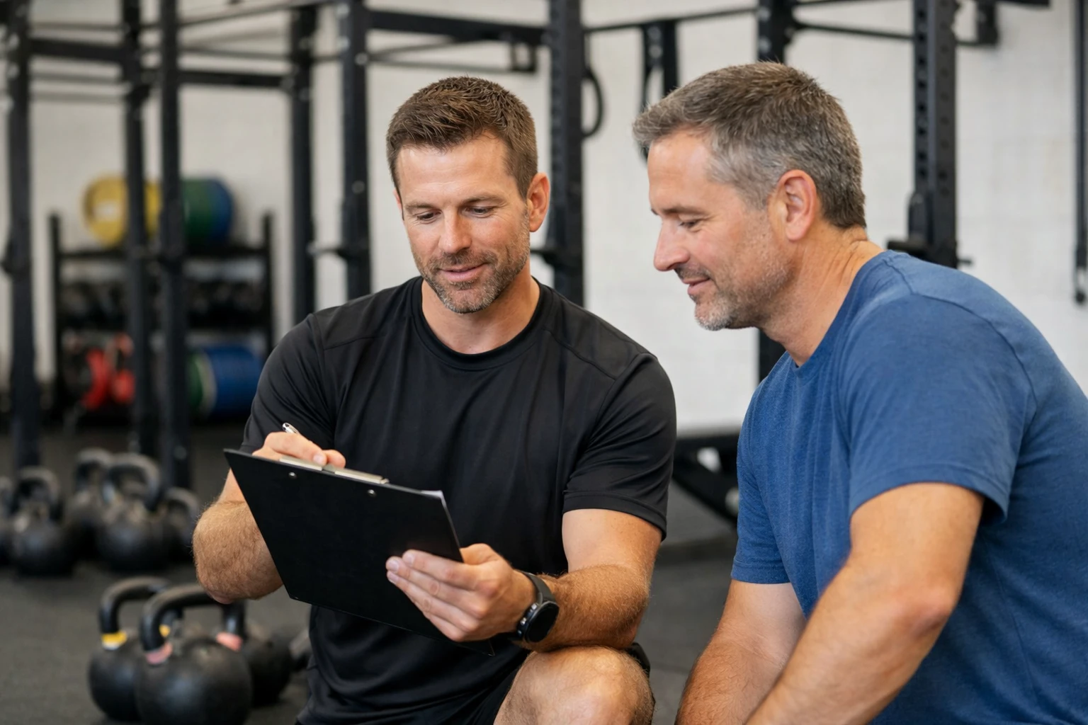 Un entraîneur de fitness professionnel dans la quarantaine conseille un client adulte dans un gymnase d'entraînement fonctionnel, examinant un programme d'entraînement personnalisé sur un presse-papiers, entouré d'haltères et de supports, les visages ne sont pas clairement visibles