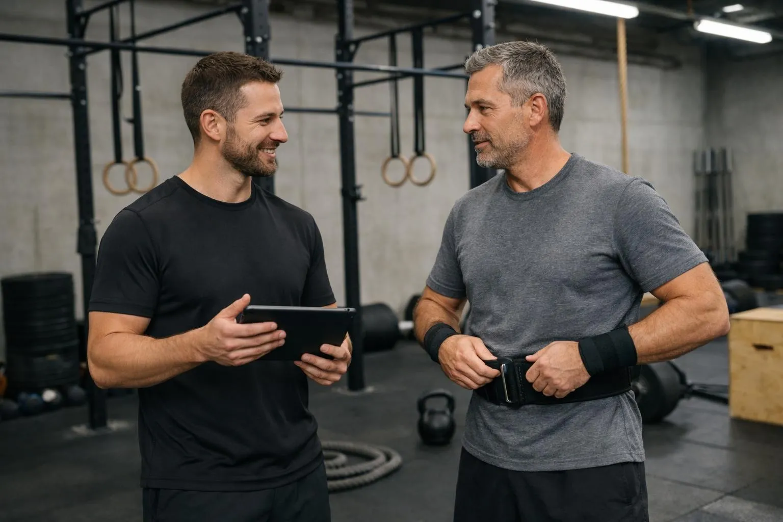 Deux hommes en tenue de sport discutent dans une salle de gym.