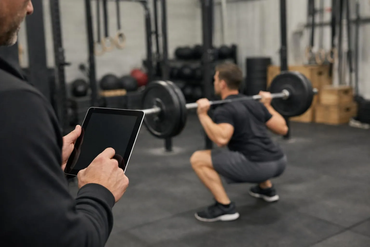 Homme tenant une tablette, homme s'entraînant avec haltère dans une salle de gym.