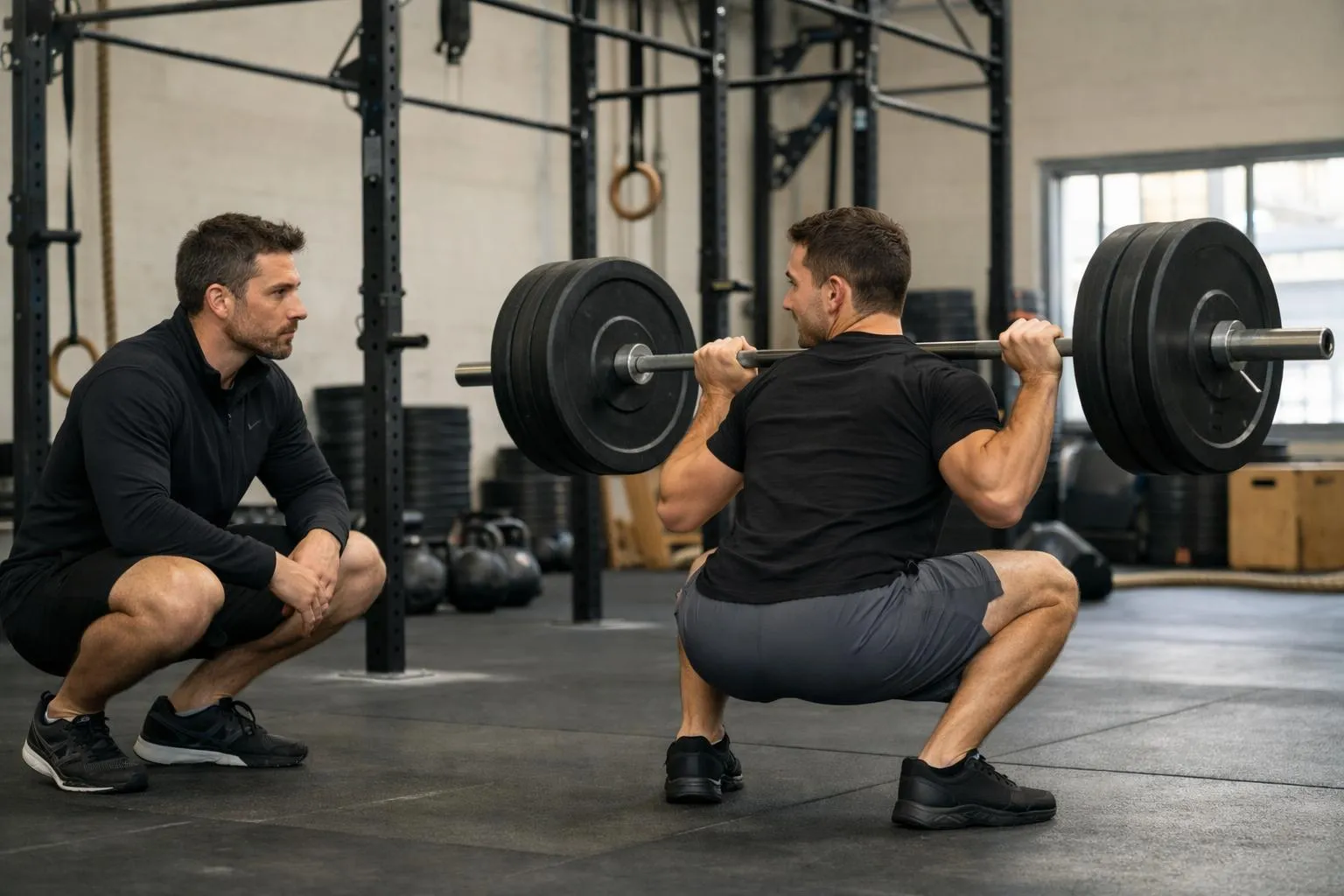 Deux hommes musclés s'entraînant avec des haltères dans une salle de gym.
