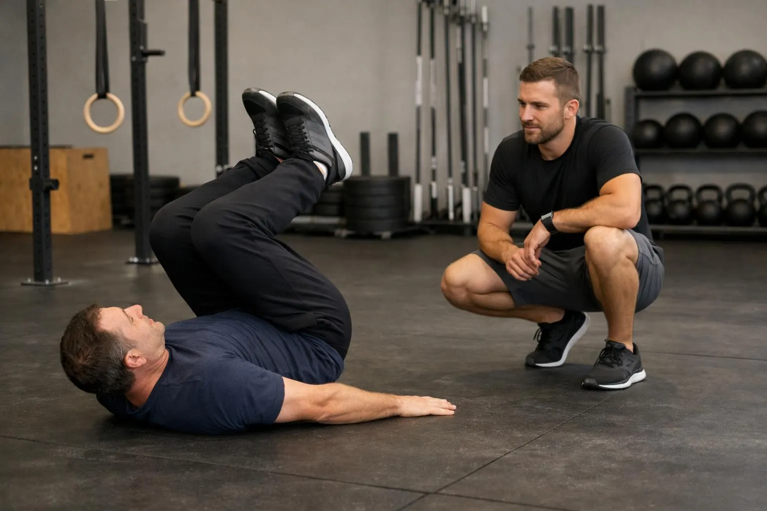 Deux hommes dans une salle de gym, l'un au sol effectuant un exercice, l'autre l'observant.