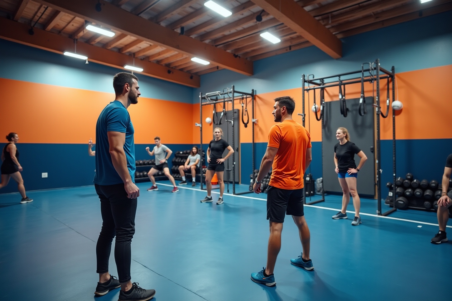 Groupe d'athlètes s'entraînant dans une salle de gym colorée.