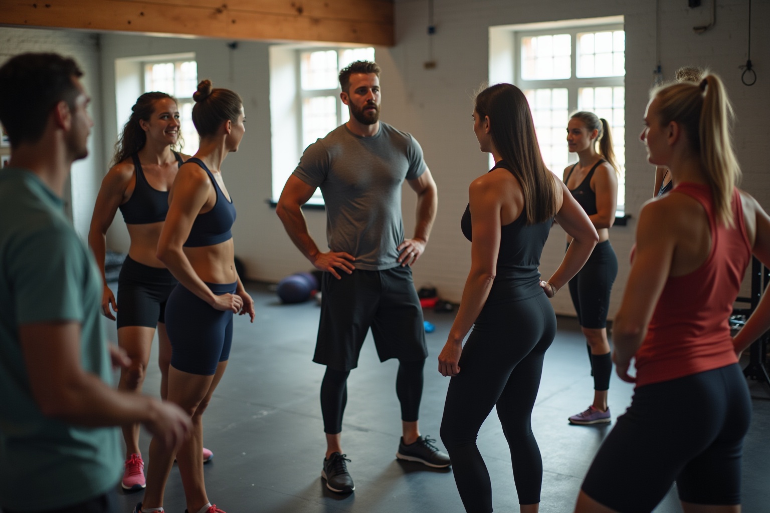 Groupe d'athlètes en tenue de sport discutant dans une salle de gym.