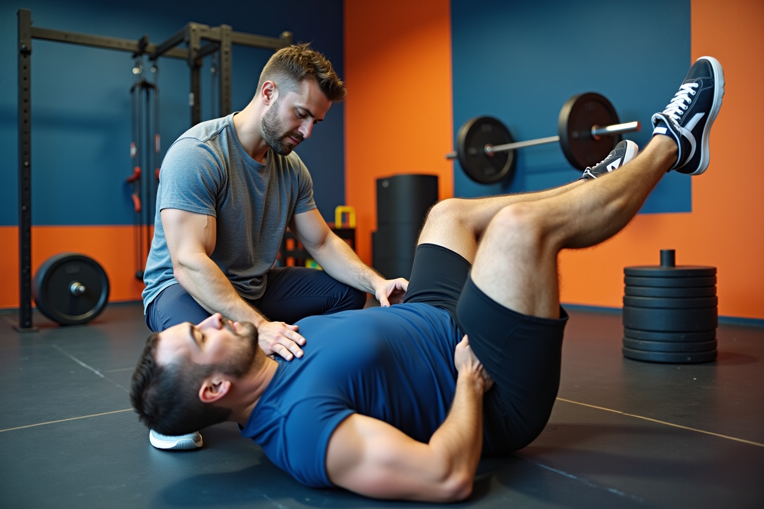Homme musclé effectuant un exercice de stretching avec l'aide d'un entraîneur dans une salle de gym.