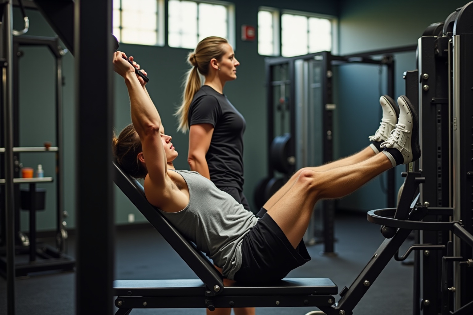 Femme athlétique s'entraînant sur un équipement de fitness dans un gymnase.