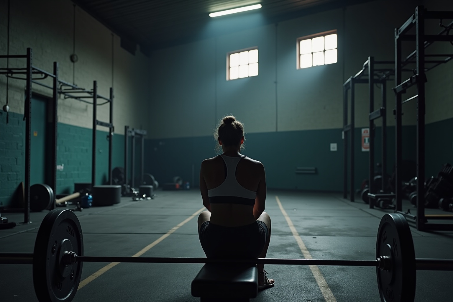 Femme en tenue de sport dans une salle de gym sombre.