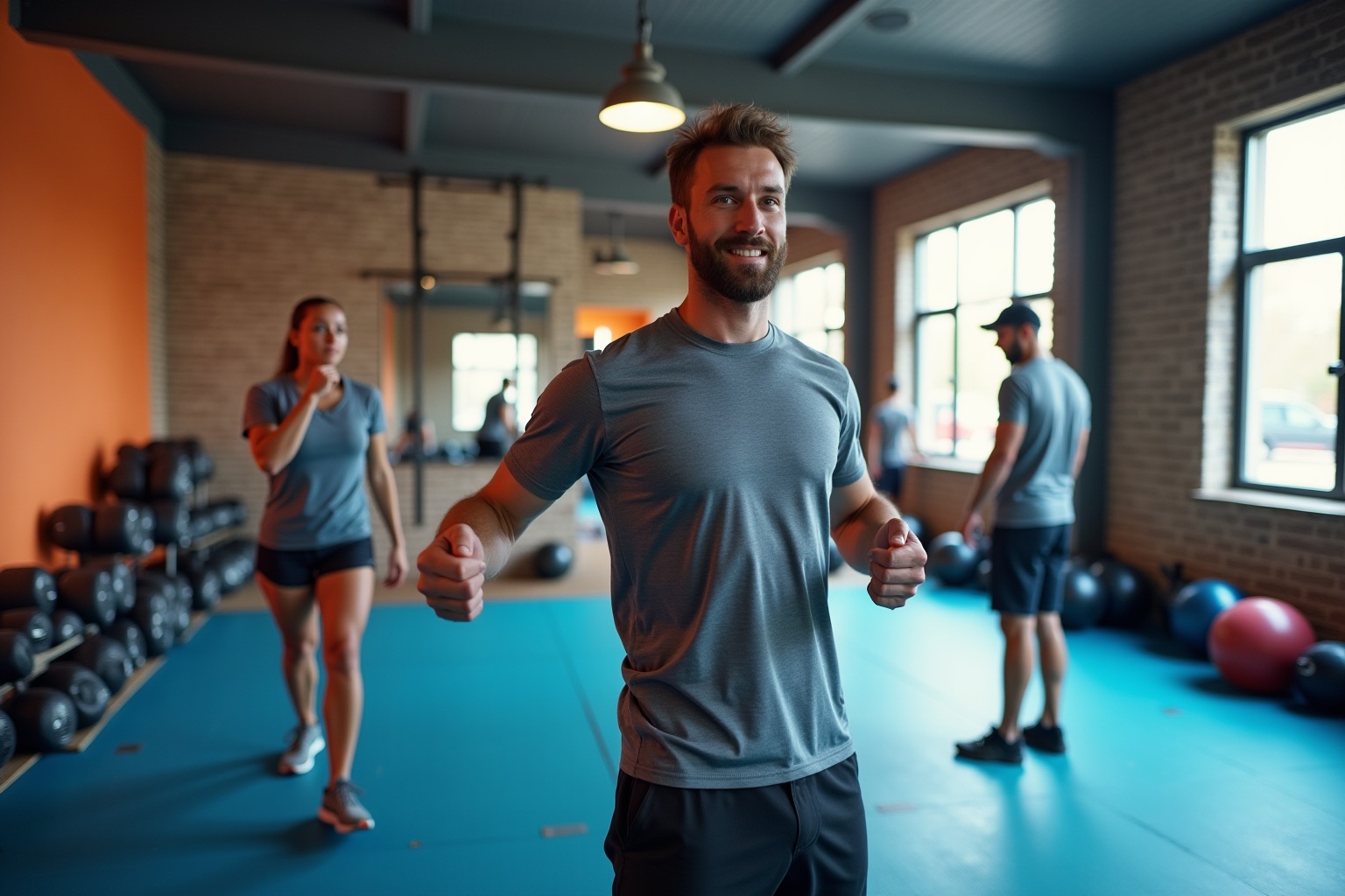 Groupe d'athlètes s'entraînant dans une salle de gym moderne.