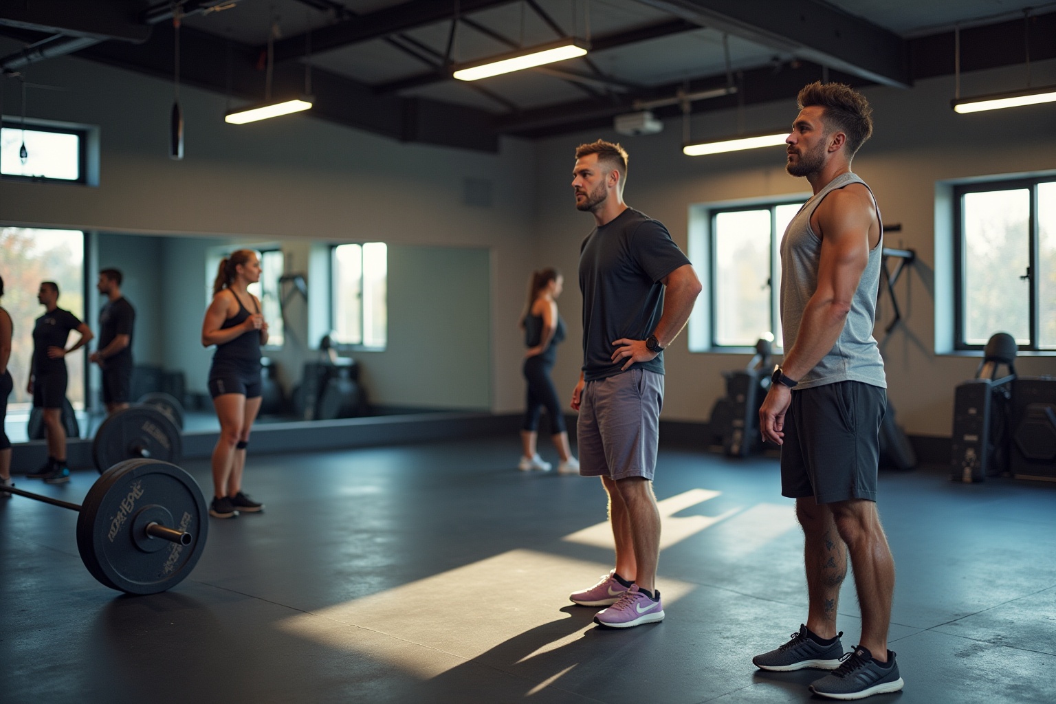 Groupe d'athlètes dans une salle de gym, s'entraînant ensemble.