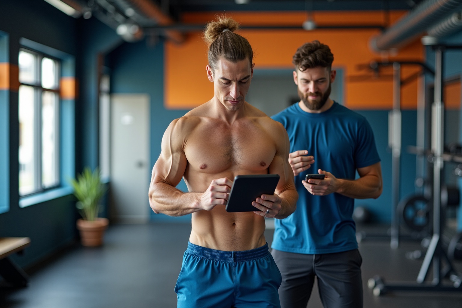 Deux hommes musclés dans une salle de sport, l'un tenant une tablette numérique.
